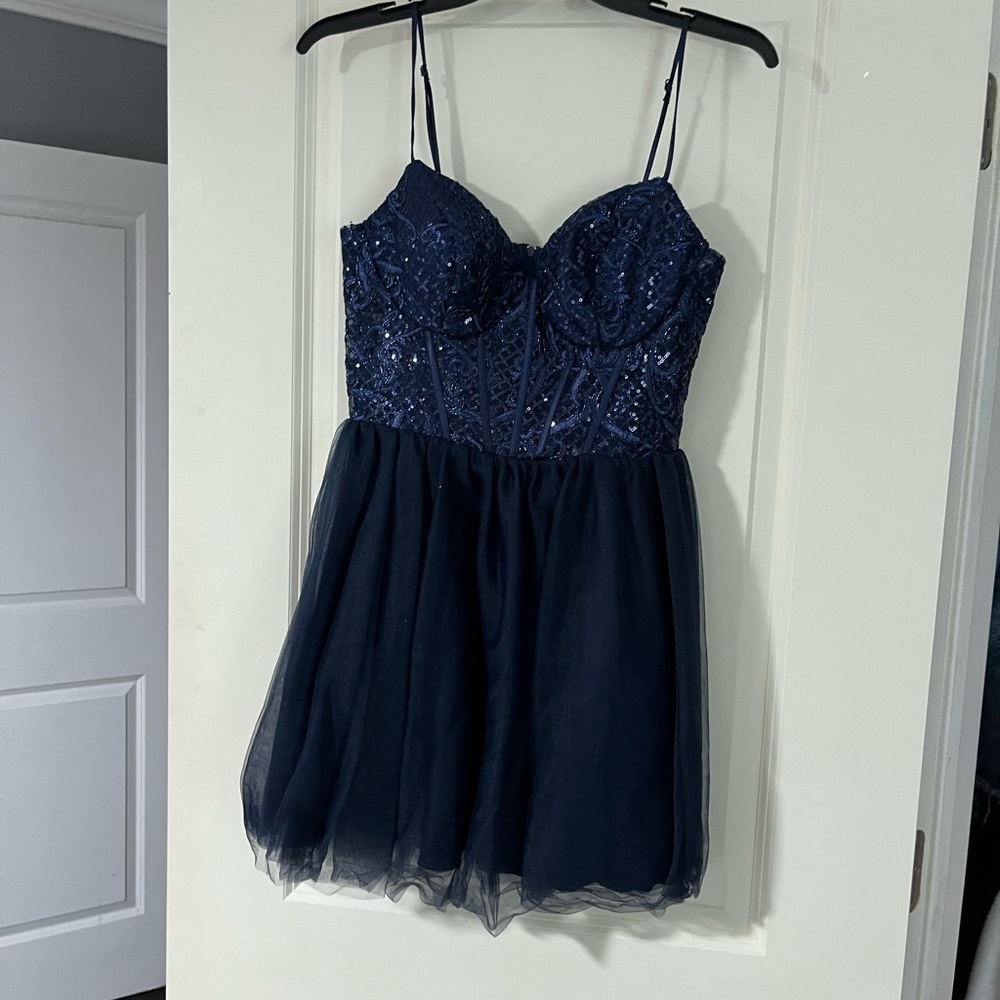 Navy Blue Sequin Strapless Dress